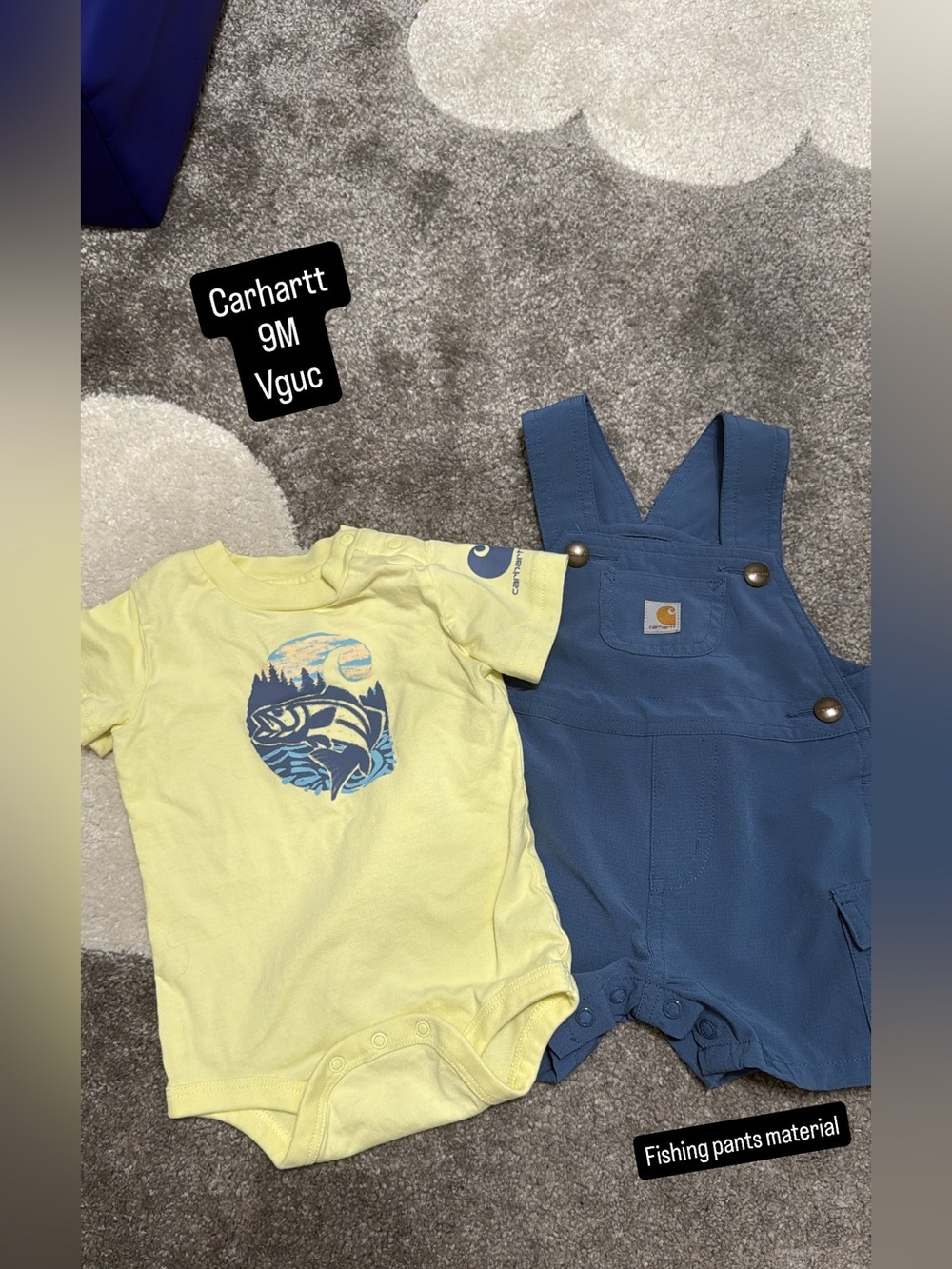 Carhartt Blue Toddler Overalls with Yellow Graphic Bodysuit